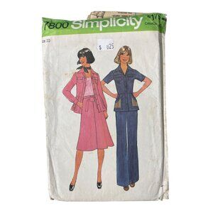 70s Simplicity 7800 Sewing Pattern Size 10 Shirt Jacket Pants & Wrap Skirt UNCUT